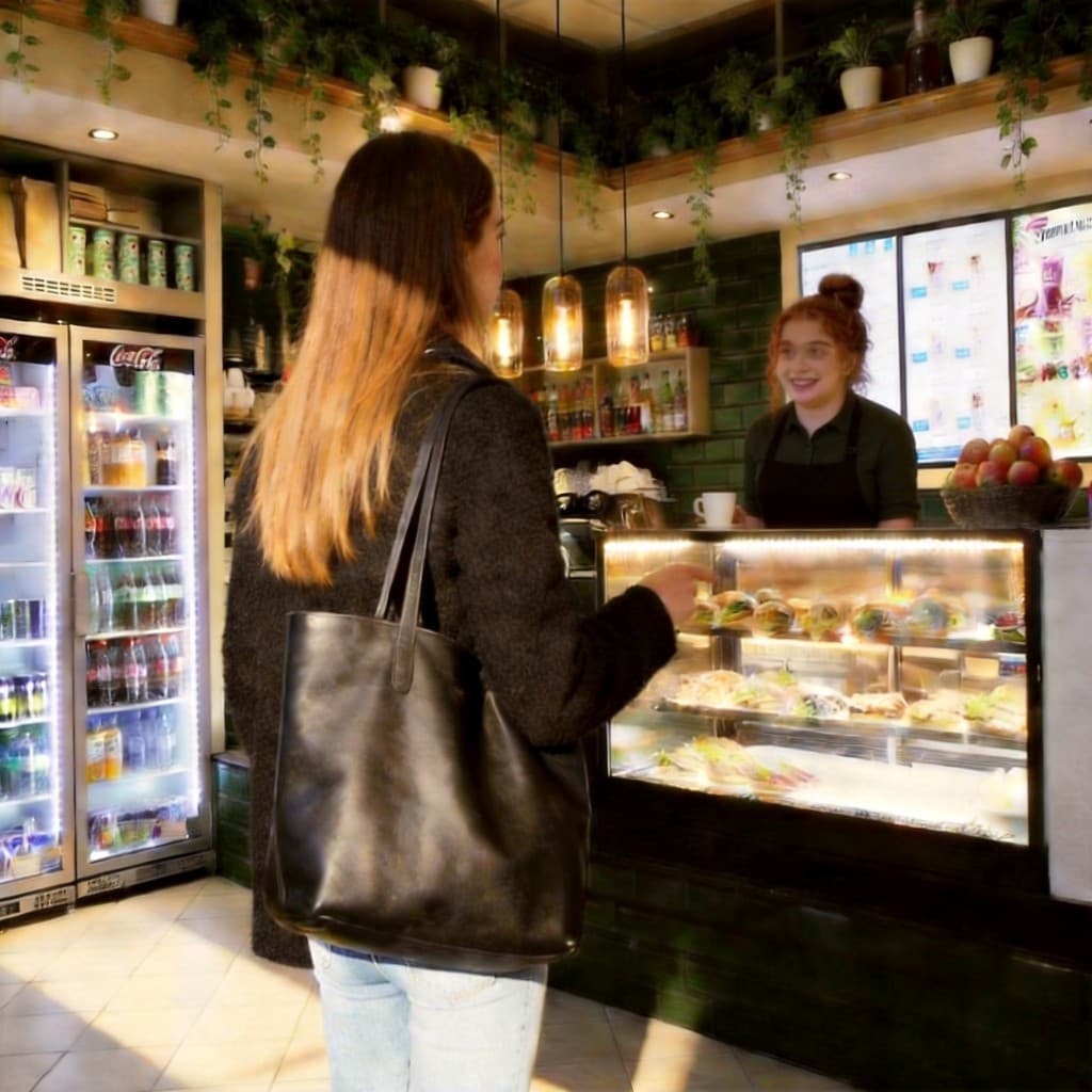 Innenbereich von Kaffee Krümel mit Theke und Hängepflanzen